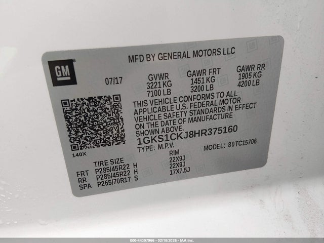 44397966 :رقم المزاد ، 1GKS1CKJ8HR375160 vin ، 2017 Gmc Yukon Denali مزاد بيع