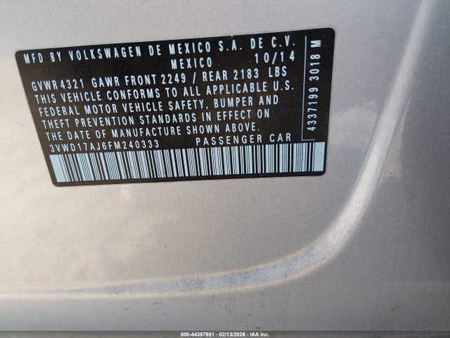 Auction sale of the 2015 Volkswagen Jetta 1.8t Se, vin: 3VWD17AJ6FM240333, lot number: 44397981