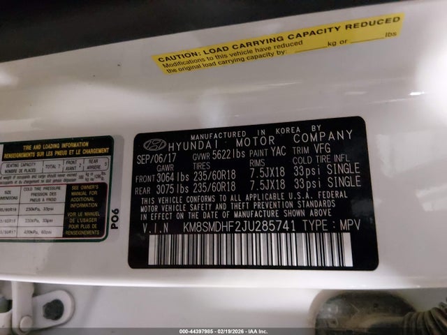 2018 Hyundai Santa Fe Se მანქანა იყიდება აუქციონზე, vin: KM8SMDHF2JU285741, აუქციონის ნომერი: 44397985