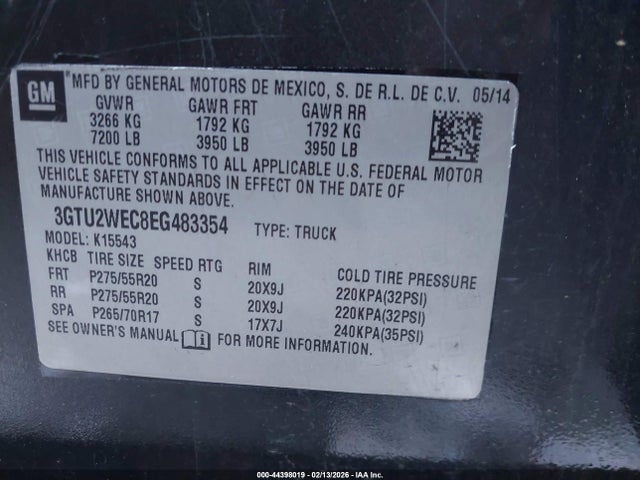 44398019 :رقم المزاد ، 3GTU2WEC8EG483354 vin ، 2014 Gmc Sierra 1500 Denali مزاد بيع