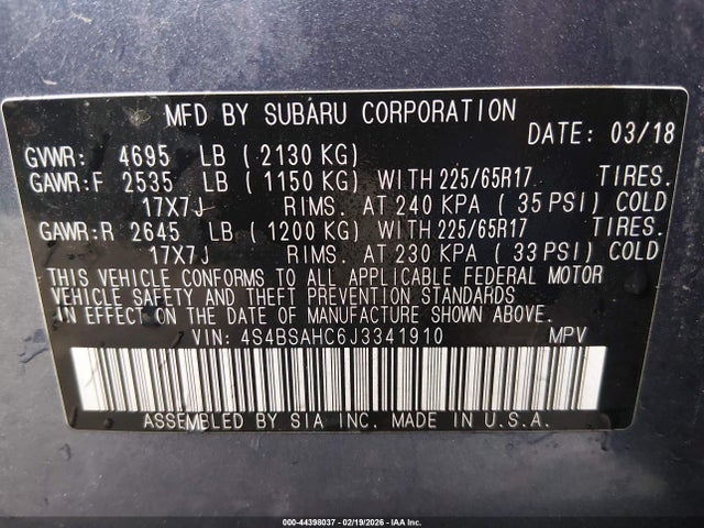 Aukcja sprzedaży 2018 Subaru Outback 2.5i Premium, vin: 4S4BSAHC6J3341910, numer aukcji: 44398037