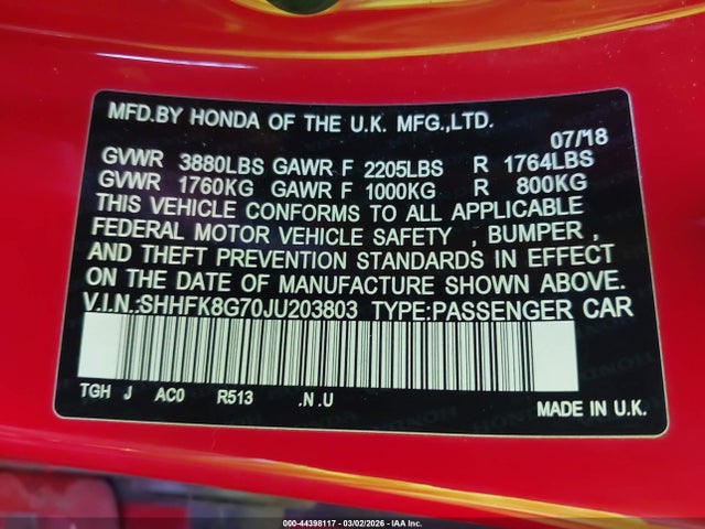 SHHFK8G70JU203803 Honda Civic Type R Touring