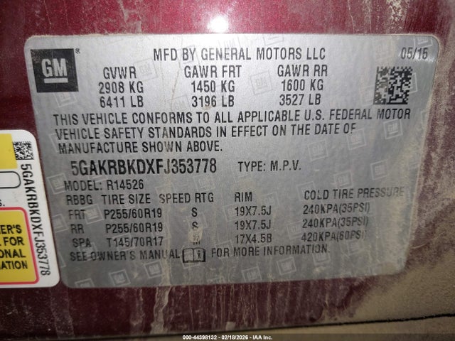 44398132 :رقم المزاد ، 5GAKRBKDXFJ353778 vin ، 2015 Buick Enclave Leather مزاد بيع