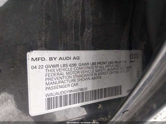 44398143 :رقم المزاد ، WAUAUDGY9NA078626 vin ، 2022 Audi A3 Premium 40 Tfsi Front-wheel Drive S Tronic مزاد بيع