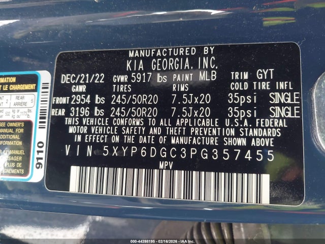 44398195 :رقم المزاد ، 5XYP6DGC3PG357455 vin ، 2023 Kia Telluride S مزاد بيع