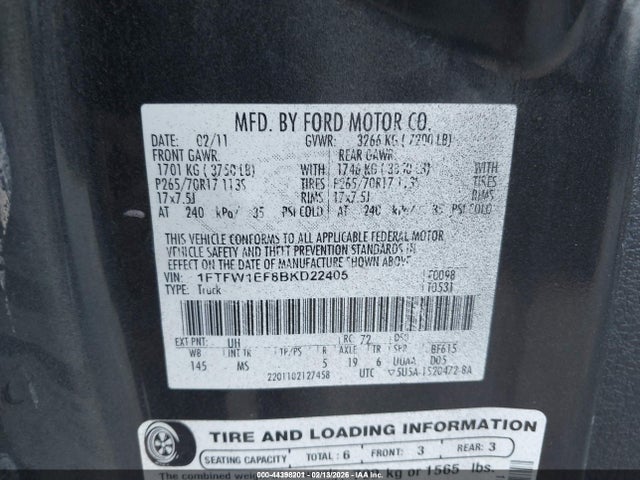 Продаж на аукціоні авто 2011 Ford F-150 Xlt, vin: 1FTFW1EF8BKD22405, номер лоту: 44398201