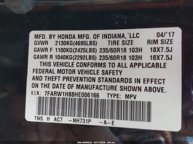 7FARW1H88HE006166 Honda Cr-v Ex-l/ex-l Navi