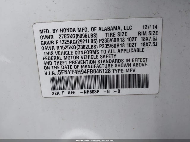 2015 Honda Pilot Touring მანქანა იყიდება აუქციონზე, vin: 5FNYF4H94FB046128, აუქციონის ნომერი: 44398241