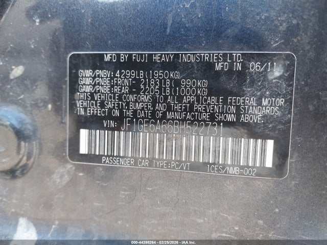Aukcja sprzedaży 2011 Subaru Impreza 2.5i, vin: JF1GE6A66BH522731, numer aukcji: 44398264