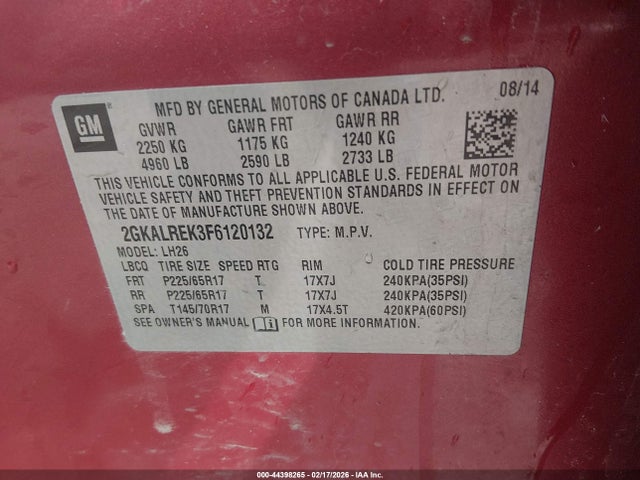 Aukcja sprzedaży 2015 Gmc Terrain Sle-2, vin: 2GKALREK3F6120132, numer aukcji: 44398265