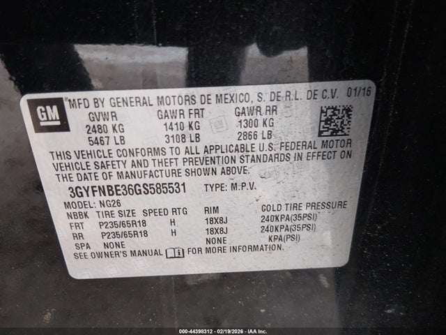 Продаж на аукціоні авто 2016 Cadillac Srx Luxury Collection, vin: 3GYFNBE36GS585531, номер лоту: 44398312