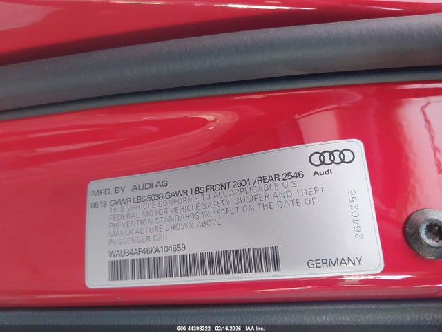 44398322 :رقم المزاد ، WAUB4AF46KA104659 vin ، 2019 Audi S4 3.0t Premium مزاد بيع