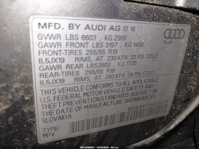 Продаж на аукціоні авто 2017 Audi Q7 3.0t Premium, vin: WA1LAAF73HD032279, номер лоту: 44398327