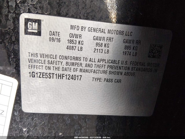 44398368 :رقم المزاد ، 1G1ZE5ST1HF124017 vin ، 2017 Chevrolet Malibu 1lt مزاد بيع