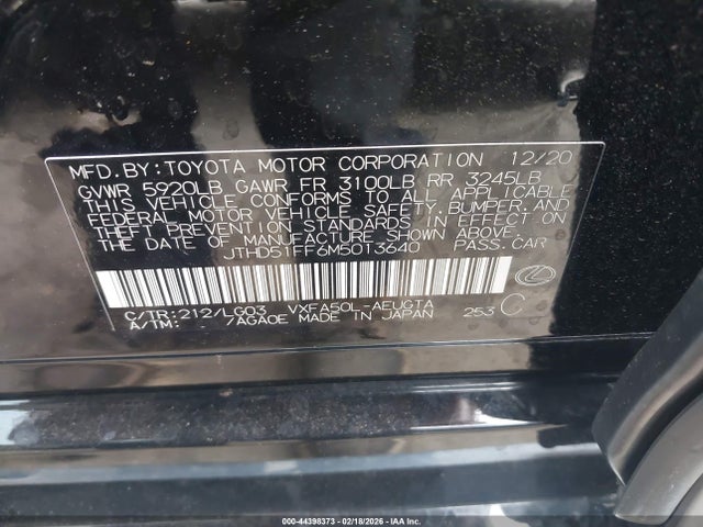 Aukcja sprzedaży 2021 Lexus Ls 500, vin: JTHD51FF6M5013640, numer aukcji: 44398373