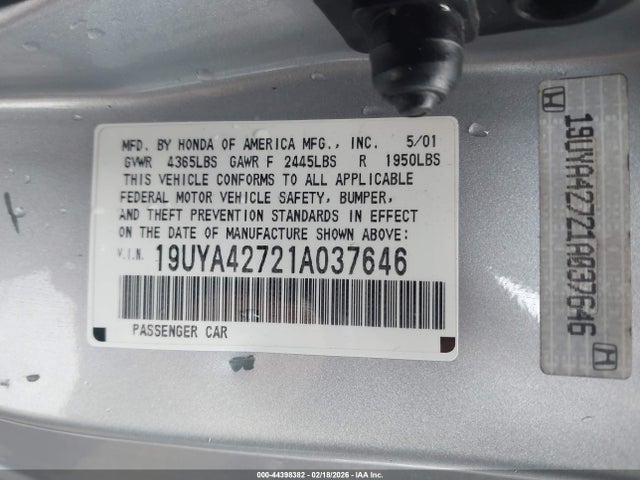 44398382 :رقم المزاد ، 19UYA42721A037646 vin ، 2001 Acura Cl 3.2 Type S مزاد بيع