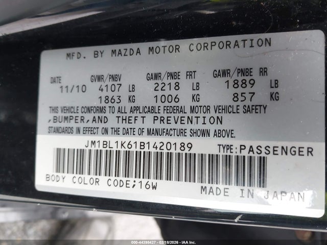 44398427 :رقم المزاد ، JM1BL1K61B1420189 vin ، 2011 Mazda Mazda3 S Sport مزاد بيع