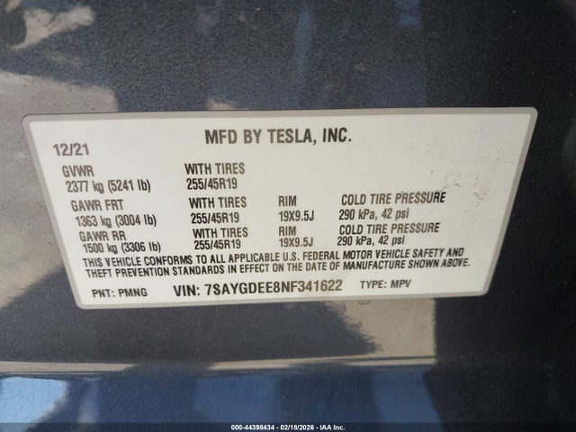Продажа на аукционе авто 2022 Tesla Model Y Long Range Dual Motor All-wheel Drive, vin: 7SAYGDEE8NF341622, номер лота: 44398434