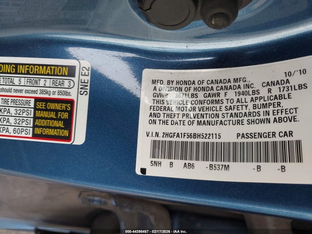 Продаж на аукціоні авто 2011 Honda Civic Lx, vin: 2HGFA1F56BH522115, номер лоту: 44398487