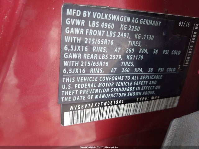 2015 Volkswagen Tiguan S მანქანა იყიდება აუქციონზე, vin: WVGBV7AX2FW081941, აუქციონის ნომერი: 44398495
