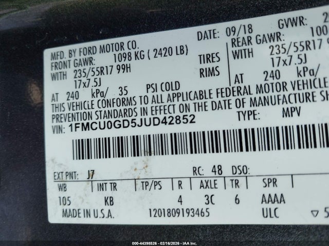 44398526 :رقم المزاد ، 1FMCU0GD5JUD42852 vin ، 2018 Ford Escape Se مزاد بيع