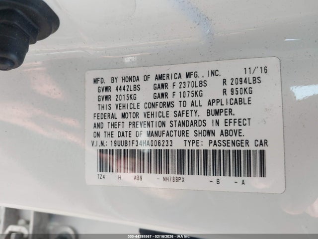 2017 Acura Tlx მანქანა იყიდება აუქციონზე, vin: 19UUB1F34HA006233, აუქციონის ნომერი: 44398567