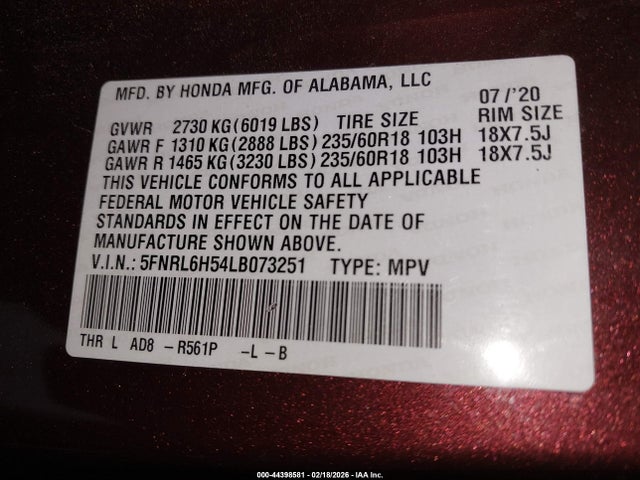 5FNRL6H54LB073251 Honda ODYSSEY EX