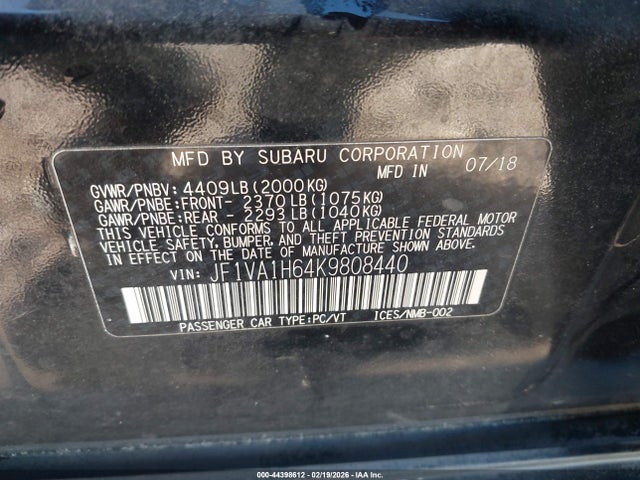 Aukcja sprzedaży 2019 Subaru Wrx Limited, vin: JF1VA1H64K9808440, numer aukcji: 44398612