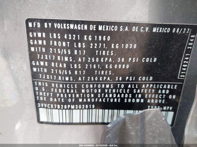 2023 Volkswagen Taos 1.5t S მანქანა იყიდება აუქციონზე, vin: 3VVCX7B28PM302919, აუქციონის ნომერი: 44398655