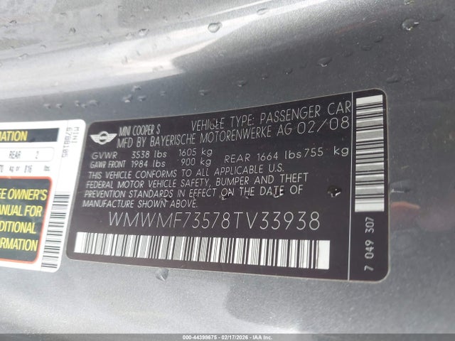 2008 MINI COOPER S WMWMF73578TV33938 Photo 8