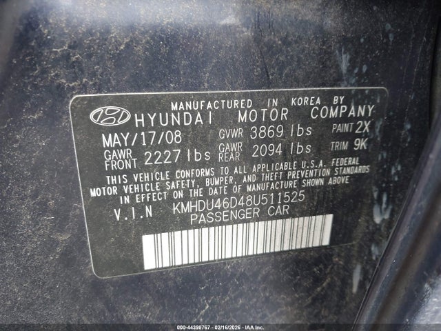 Aukcja sprzedaży 2008 Hyundai Elantra Gls/se, vin: KMHDU46D48U511525, numer aukcji: 44398767