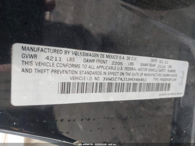 Aukcja sprzedaży 2011 Volkswagen Jetta 2.5l Se, vin: 3VWDZ7AJ1BM346451, numer aukcji: 44398785