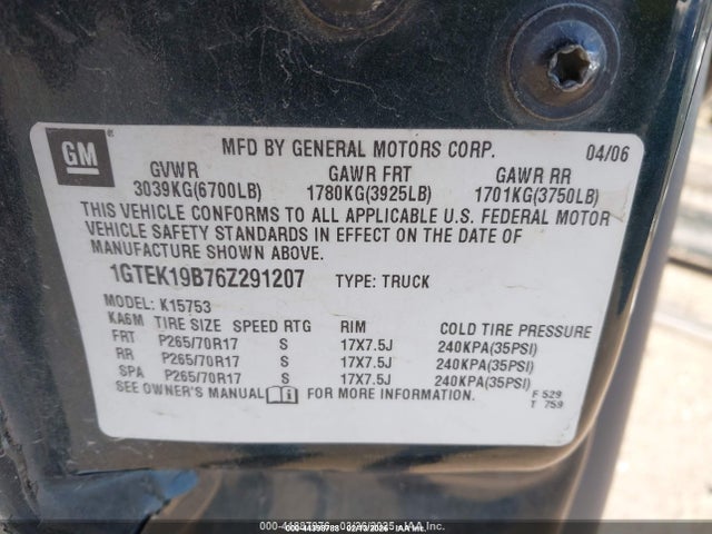 2006 Gmc Sierra 1500 Sl მანქანა იყიდება აუქციონზე, vin: 1GTEK19B76Z291207, აუქციონის ნომერი: 44398788