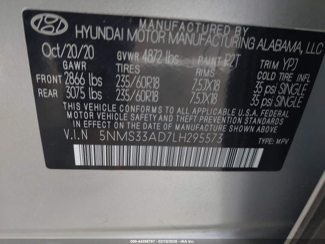 Продаж на аукціоні авто 2020 Hyundai Santa Fe Sel, vin: 5NMS33AD7LH295573, номер лоту: 44398797