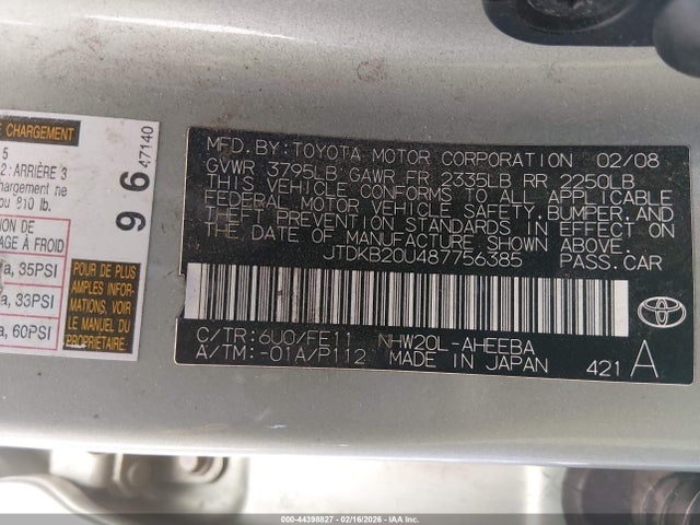 Auction sale of the 2008 Toyota Prius Touring, vin: JTDKB20U487756385, lot number: 44398827