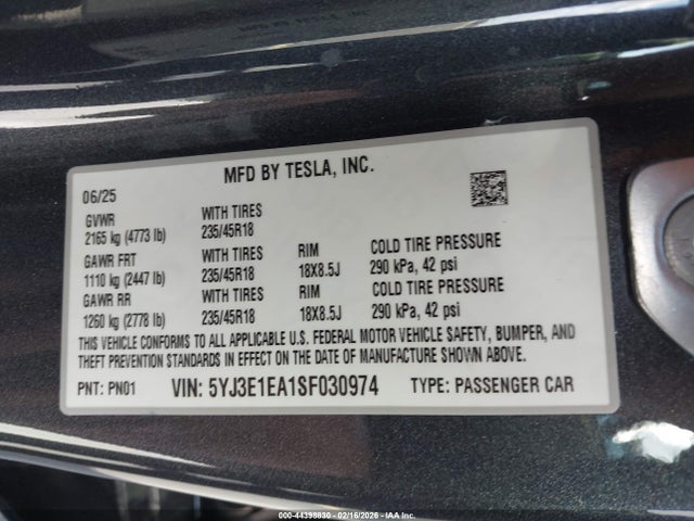44398830 :رقم المزاد ، 5YJ3E1EA1SF030974 vin ، 2025 Tesla Model 3 Long Range Rear-wheel Drive/standard Rear-wheel Drive مزاد بيع