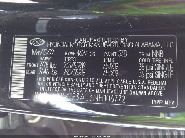 5NMJF3AE3NH106772 Hyundai TUCSON SEL