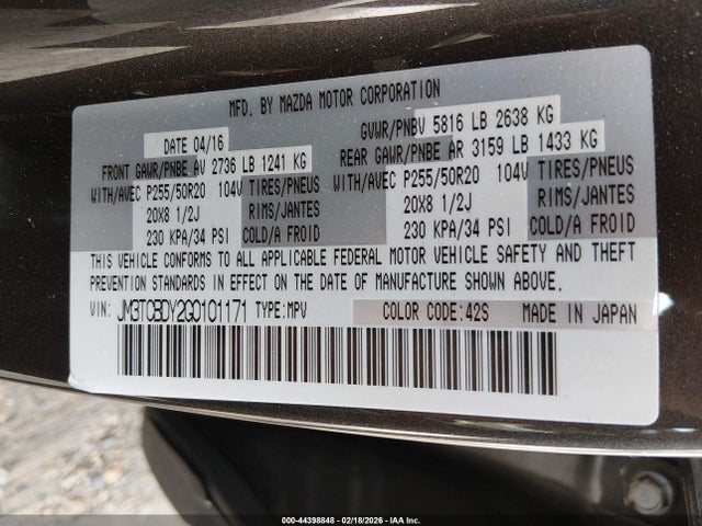 Aukcja sprzedaży 2016 Mazda Cx-9 Grand Touring, vin: JM3TCBDY2G0101171, numer aukcji: 44398848