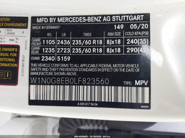 2020 Mercedes-benz Glc 300 4matic მანქანა იყიდება აუქციონზე, vin: W1N0G8EB0LF823560, აუქციონის ნომერი: 44398853