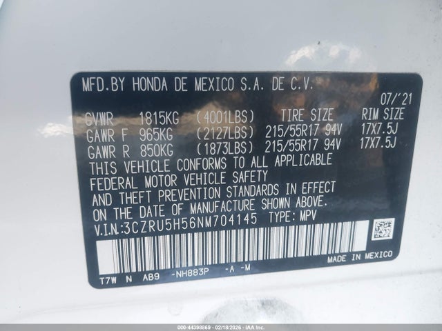 3CZRU5H56NM704145 Honda Hr-v 2wd Ex