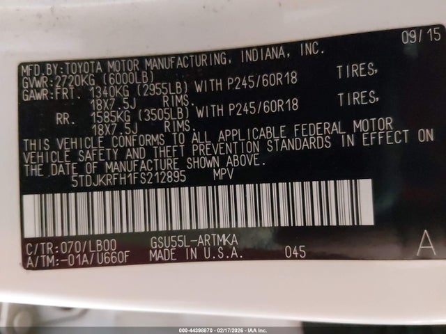 5TDJKRFH1FS212895 Toyota Highlander Xle V6