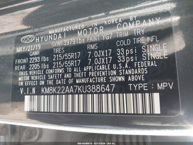 KM8K22AA7KU388647 Hyundai Kona Sel