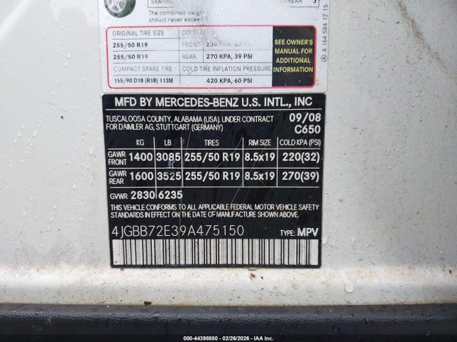 44398880 :رقم المزاد ، 4JGBB72E39A475150 vin ، 2009 Mercedes-benz Ml 550 4matic مزاد بيع