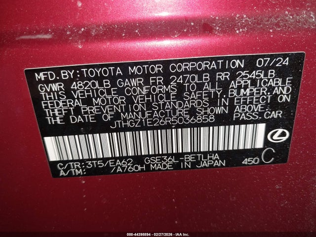 44398894 :رقم المزاد ، JTHGZ1E26R5036858 vin ، 2024 Lexus Is 350 F Sport مزاد بيع