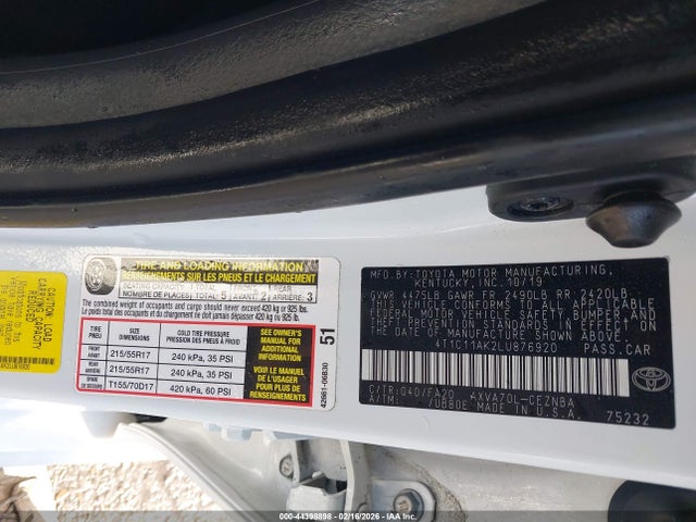 Aukcja sprzedaży 2020 Toyota Camry Le, vin: 4T1C11AK2LU876920, numer aukcji: 44398898