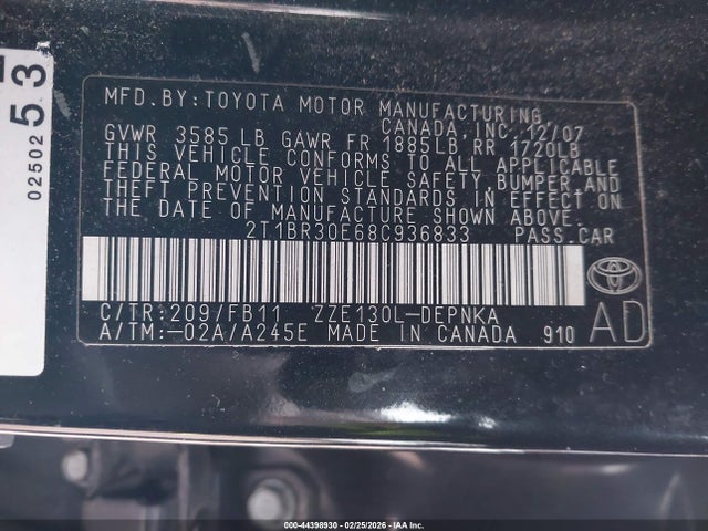 44398930 :رقم المزاد ، 2T1BR30E68C936833 vin ، 2008 Toyota Corolla Le مزاد بيع