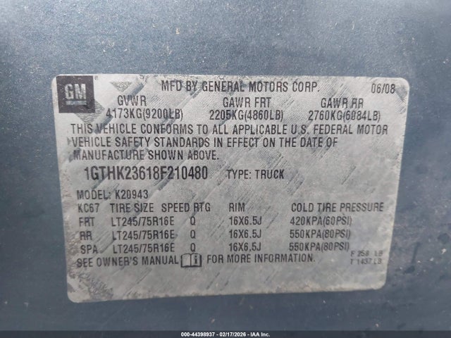 44398937 :رقم المزاد ، 1GTHK23618F210480 vin ، 2008 Gmc Sierra 2500hd Sle2 مزاد بيع