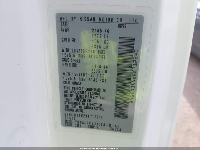 2019 Nissan Nv200 Sv მანქანა იყიდება აუქციონზე, vin: 3N6CM0KN2KK712240, აუქციონის ნომერი: 44398942