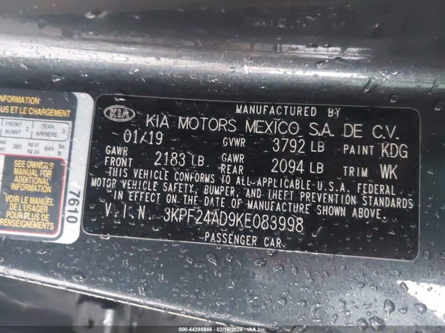 3KPF24AD9KE083998 KIA Forte Lxs