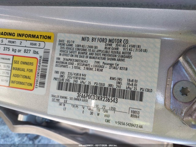 Ford FUSION SEL 2019 3FA6P0CD3KR236543 Image 9